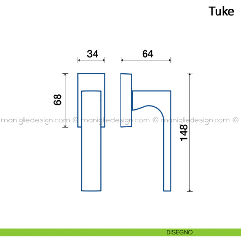 Maniglia per finestra martellina DK Tuke Frascio disegno