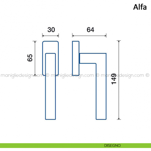 Maniglia per finestra martellina DK Alfa Frascio in acciaio inox disegno