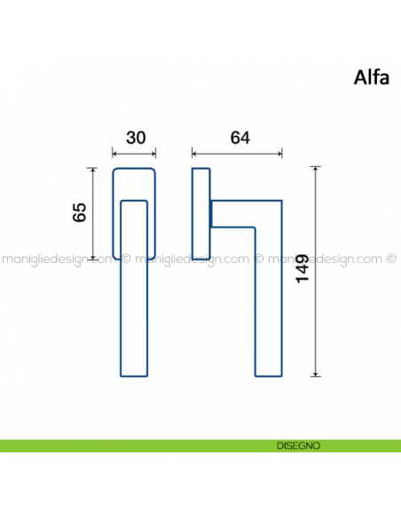 Maniglia per finestra martellina DK Alfa Frascio in acciaio inox disegno