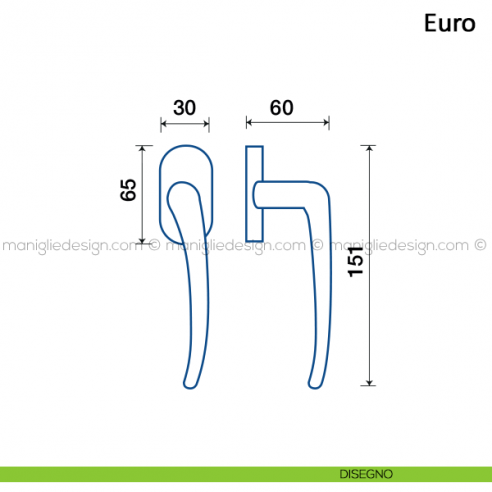Maniglia per finestra martellina DK Euro Frascio disegno