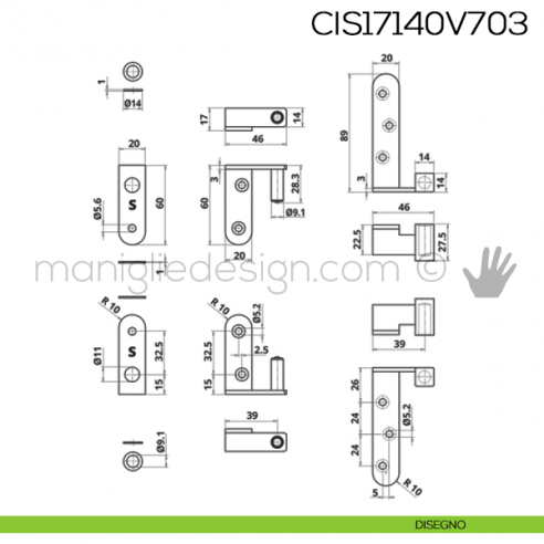 Cerniera a pivot reversibile per porta a filo 44 mm Otlav CIS17140V703 disegno