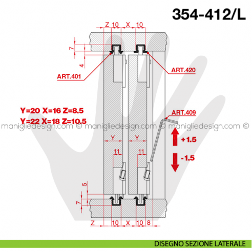 Kit scorribase medio legno Terno Scorrevoli 354-412/L disegno sezione laterale