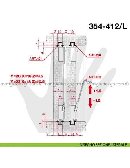Kit scorribase medio legno Terno Scorrevoli 354-412/L disegno sezione laterale