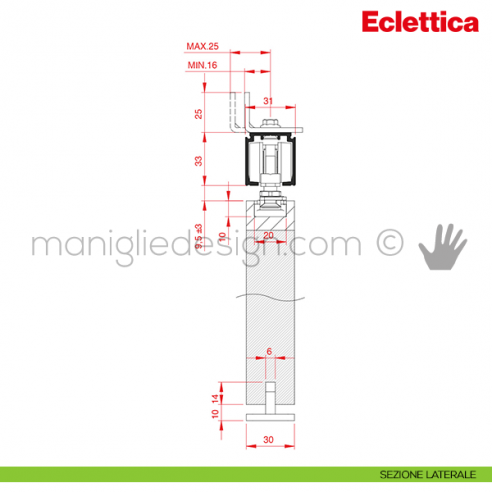 Sistema scorrevole per porta 120 kg Eclettica Terno Scorrevoli disegno sezione laterale