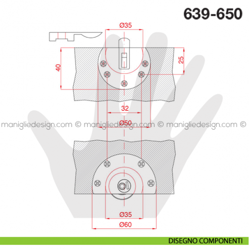 Guarnitura per sportello scorrevole Terno Scorrevoli 639-650 disegno componenti