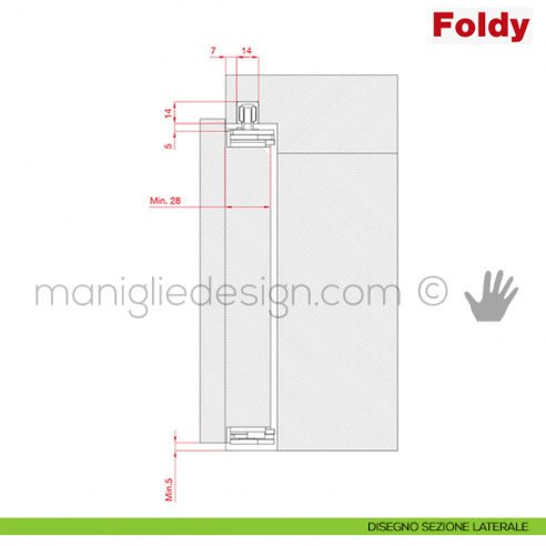 Sistema per porta a libro 30 kg Foldy Terno Scorrevoli disegno sezione laterale