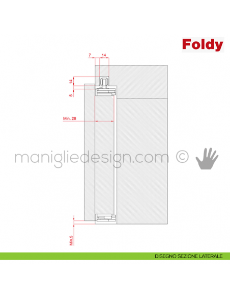 Sistema per porta a libro 30 kg Foldy Terno Scorrevoli disegno sezione laterale