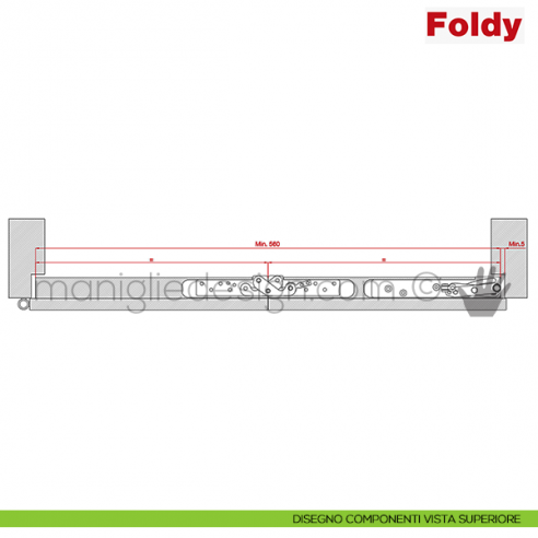 Sistema per porta a libro 30 kg Foldy Terno Scorrevoli disegno componenti vista superiore