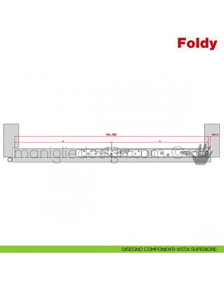 Sistema per porta a libro 30 kg Foldy Terno Scorrevoli disegno componenti vista superiore