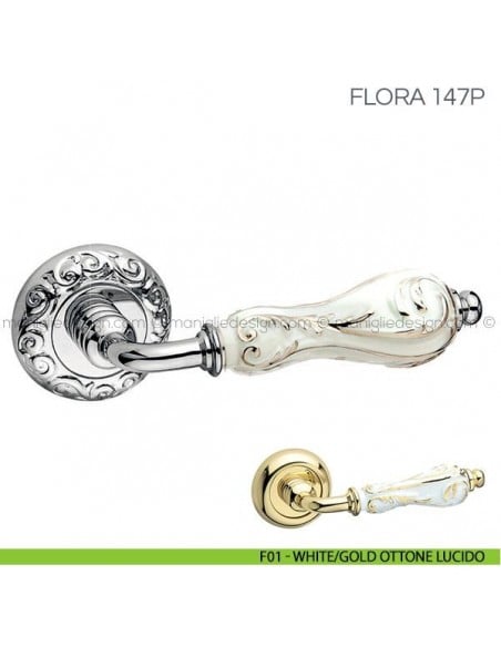 Maniglia in porcellana per porta Flora Fimet Handles F01 - White/Gold Ottone Lucido