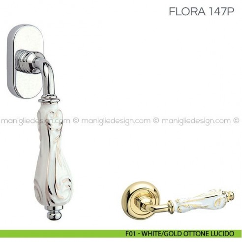 Maniglia con porcellana per finestra martellina DK Flora Fimet Handles F01 - White/Gold Ottone Lucido