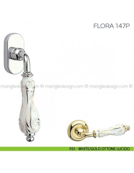 Maniglia con porcellana per finestra martellina DK Flora Fimet Handles F01 - White/Gold Ottone Lucido