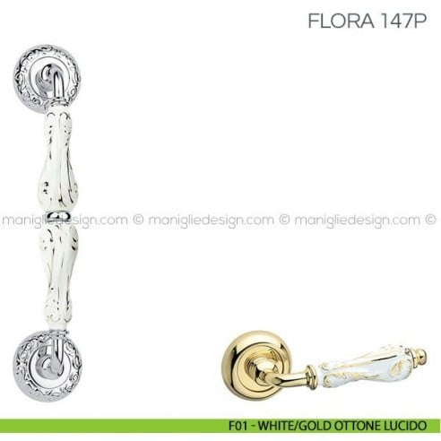 Maniglione con porcellana per porta Flora Fimet Handles F01 - White/Gold Ottone Lucido