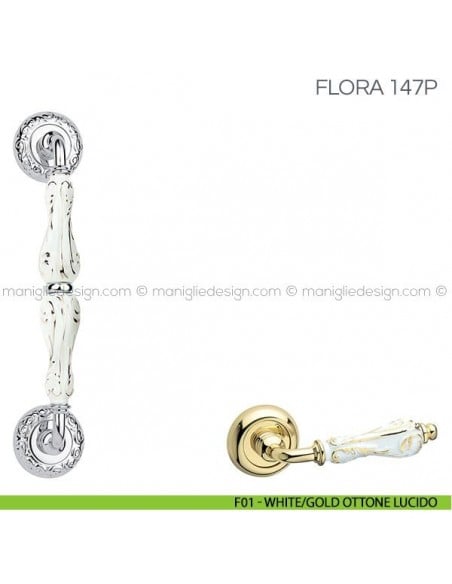 Maniglione con porcellana per porta Flora Fimet Handles F01 - White/Gold Ottone Lucido
