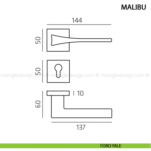 Maniglia per porta Malibu Comit con rosetta quadrata foro yale