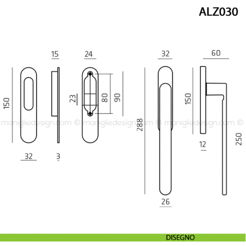 Maniglione per alzante scorrevole singolo ALZ030 Comit disegno