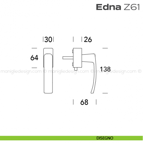 Maniglia per finestra DK con pulsante su placca Z61 Edna Reguitti disegno