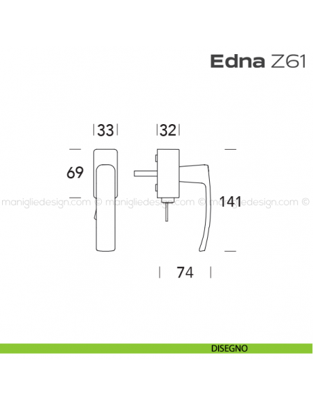 Maniglia per finestra DK con chiave su placca Z61 Edna Reguitti disegno