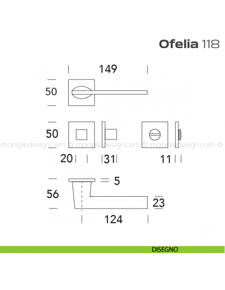 Maniglia per porta con nottolino 118 Ofelia Reguitti disegno