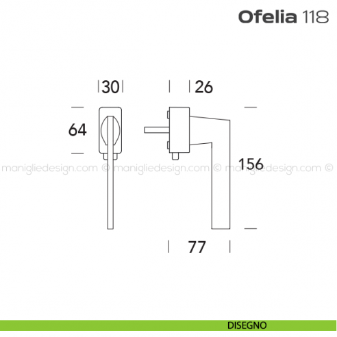 Maniglia per finestra DK con pulsante su placca 118 Ofelia Reguitti disegno