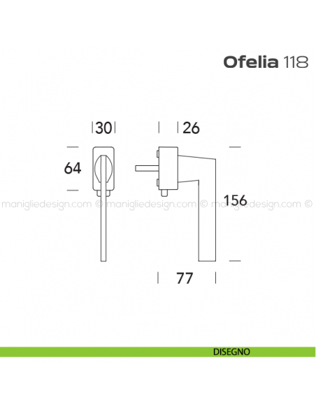 Maniglia per finestra DK con pulsante su placca 118 Ofelia Reguitti disegno