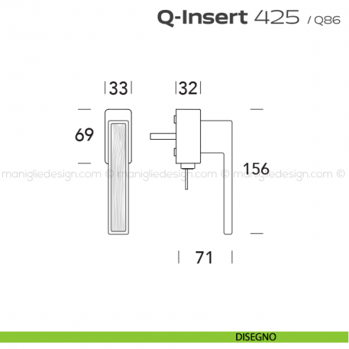 Maniglia in legno per finestra martellina DK con chiave 425 Q-Insert Reguitti disegno