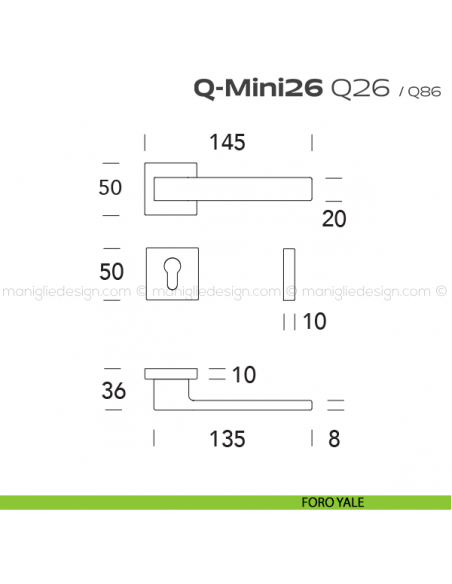 Maniglia ribassata per porta Q26 Q-Mini26 Reguitti foro yale
