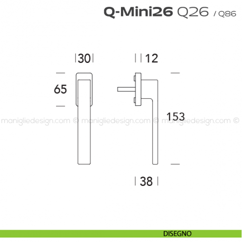 Maniglia ribassata per finestra martellina Q26 Q-Mini26 Reguitti disegno