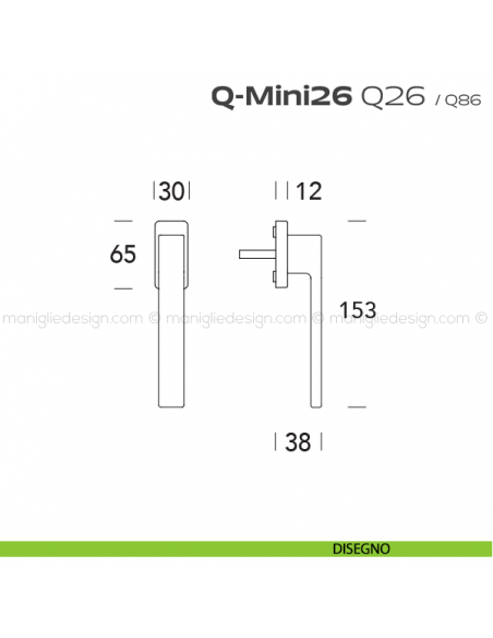 Maniglia ribassata per finestra martellina Q26 Q-Mini26 Reguitti disegno