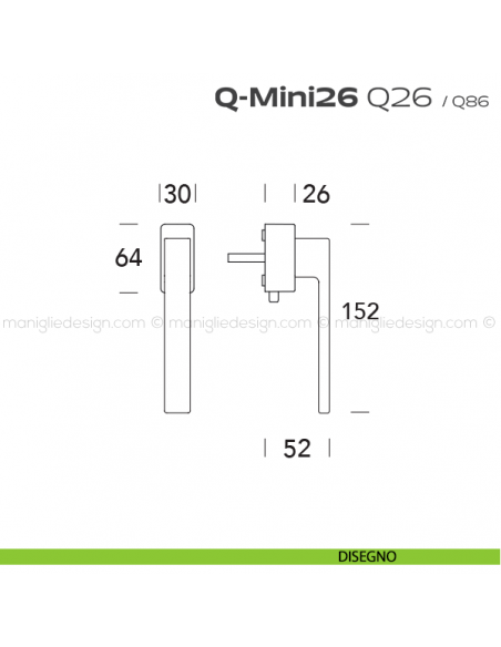 Maniglia ribassata per finestra DK con pulsante su placca Q26 Q-Mini26 Reguitti disegno
