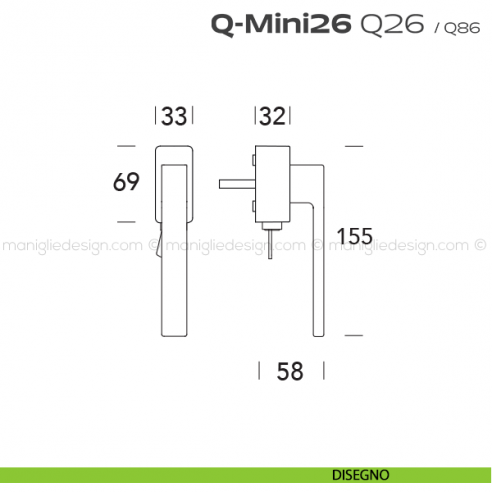 Maniglia ribassata per finestra martellina DK con chiave Q26 Q-Mini26 Reguitti disegno