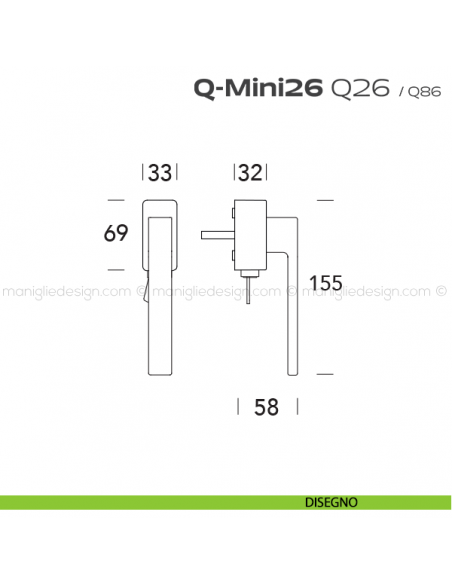Maniglia ribassata per finestra martellina DK con chiave Q26 Q-Mini26 Reguitti disegno