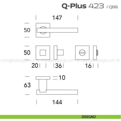 Maniglia per porta con nottolino 423 Q-Plus Reguitti disegno