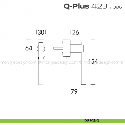 Maniglia per finestra DK con pulsante su placca 423 Q-Plus Reguitti disegno