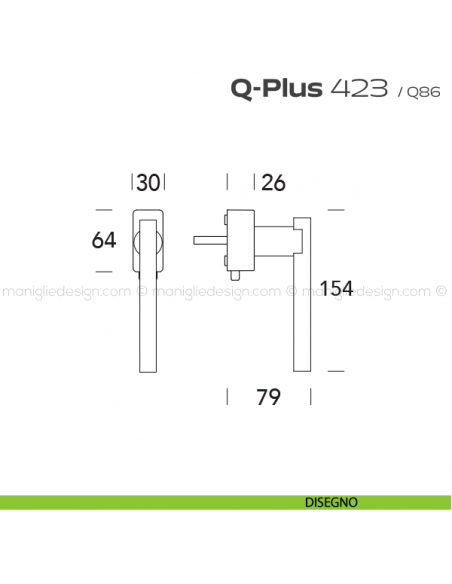 Maniglia per finestra DK con pulsante su placca 423 Q-Plus Reguitti disegno