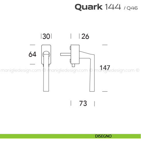 Maniglia per finestra DK con pulsante su placca 144 Quark Reguitti disegno