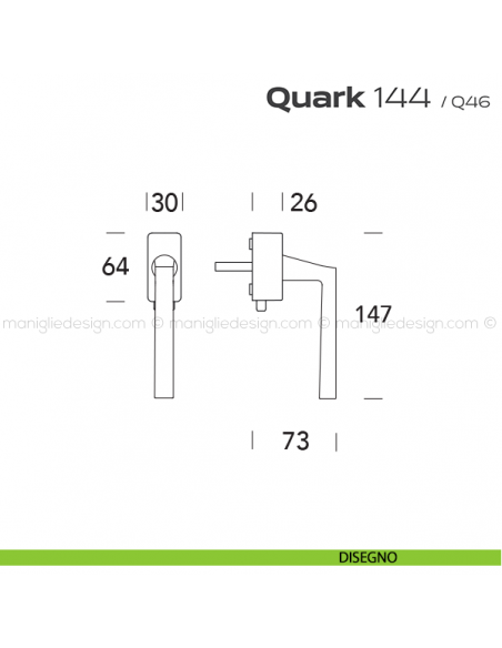 Maniglia per finestra DK con pulsante su placca 144 Quark Reguitti disegno