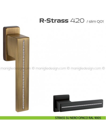 Maniglia con Swarovski per finestra martellina 420 R-Strass Reguitti strass su nero opaco RAL 9005