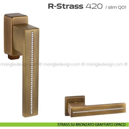Maniglia con Swarovski per finestra DK con pulsante su placca 420 R-Strass Reguitti strass su bronzato graffiato opaco