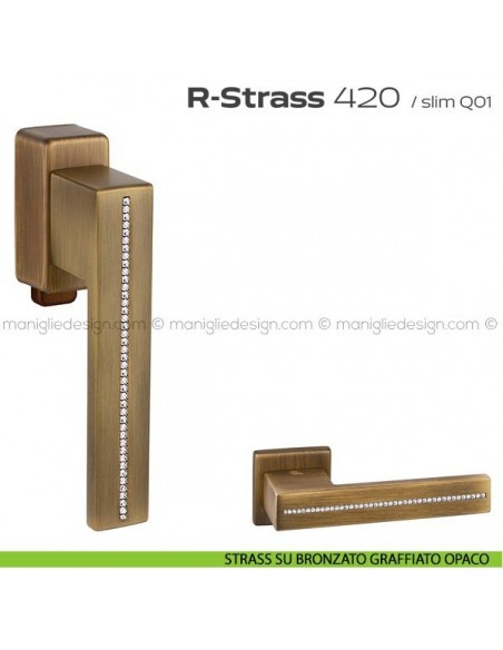 Maniglia con Swarovski per finestra DK con pulsante su placca 420 R-Strass Reguitti strass su bronzato graffiato opaco