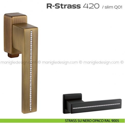 Maniglia con Swarovski per finestra DK con pulsante su placca 420 R-Strass Reguitti strass su nero opaco RAL 9005