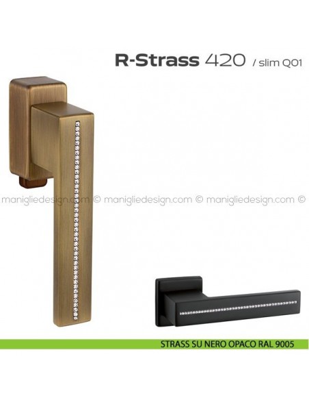 Maniglia con Swarovski per finestra DK con pulsante su placca 420 R-Strass Reguitti strass su nero opaco RAL 9005