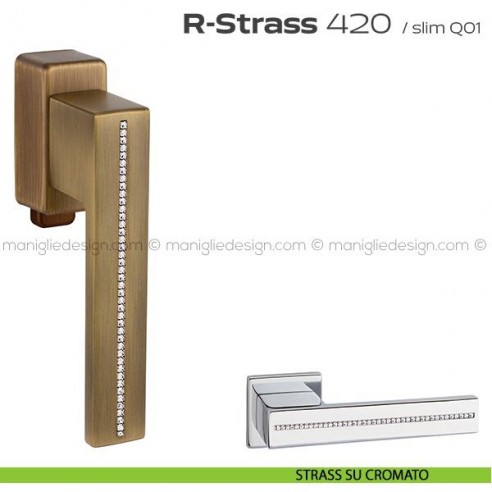 Maniglia con Swarovski per finestra DK con pulsante su placca 420 R-Strass Reguitti strass su cromato