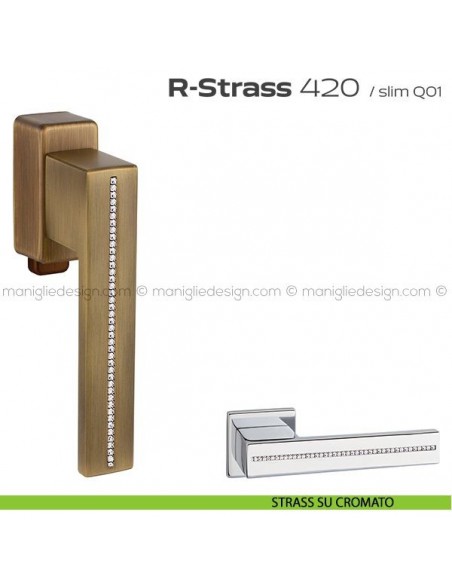 Maniglia con Swarovski per finestra DK con pulsante su placca 420 R-Strass Reguitti strass su cromato