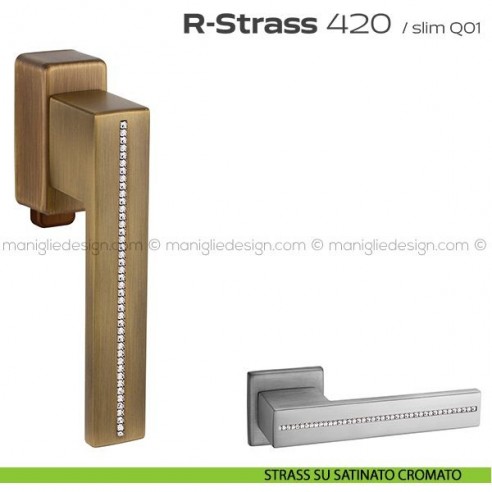 Maniglia con Swarovski per finestra DK con pulsante su placca 420 R-Strass Reguitti strass su satinato cromato