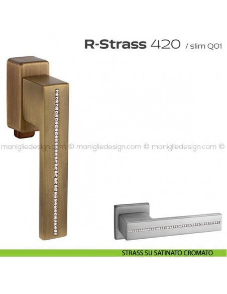 Maniglia con Swarovski per finestra DK con pulsante su placca 420 R-Strass Reguitti strass su satinato cromato
