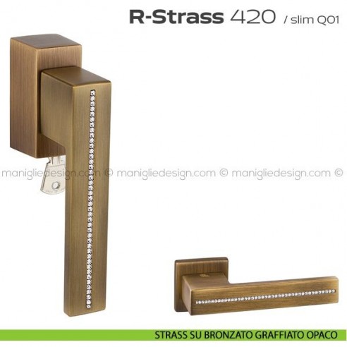 Maniglia con Swarovski per finestra martellina DK con chiave 420 R-Strass Reguitti strass su bronzo graffiato opaco