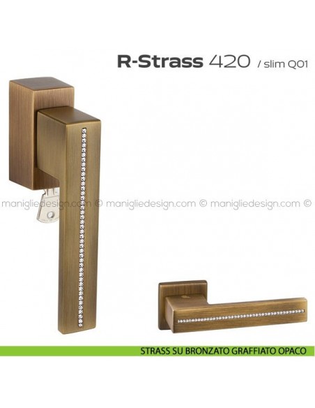 Maniglia con Swarovski per finestra martellina DK con chiave 420 R-Strass Reguitti strass su bronzo graffiato opaco