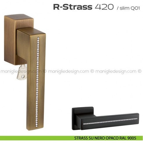 Maniglia con Swarovski per finestra martellina DK con chiave 420 R-Strass Reguitti strass su nero opaco RAL 9005