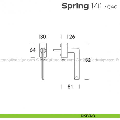 Maniglia per finestra DK con pulsante su placca 141 Spring Q. Reguitti disegno